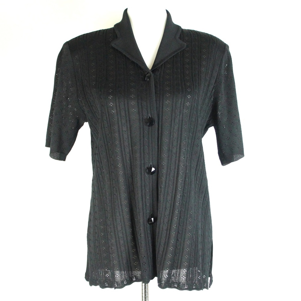 Exclusively Misook Black Pointelle Knit Button Front Sweater Cardigan M